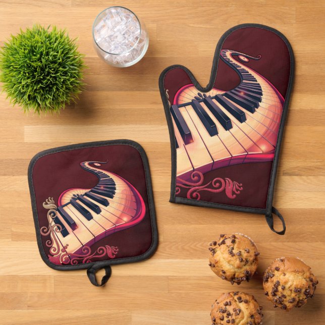 Elegance in motion, the curved piano.  oven mitt & pot holder set (Top Down)
