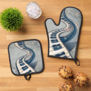 Elegance in piano keys and blossoms. oven mitt & pot holder set