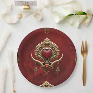 Elegance in red lustre with an ornate heart. paper plate