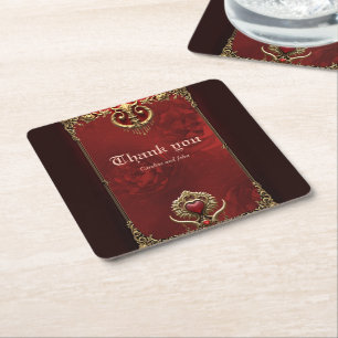 Elegance in red lustre with an ornate heart.  square paper coaster