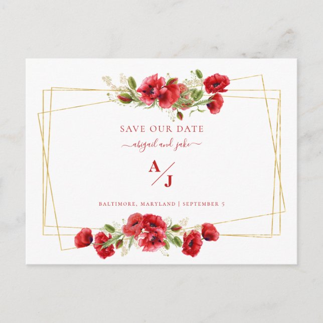 Elegance in Red Wedding Save our Date Postcard (Front)