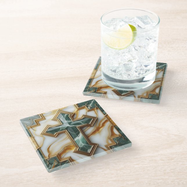 Elegance in Stone Golden-Framed Marble Cross Glass Coaster (Angled)