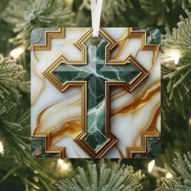 Elegance in Stone Golden-Framed Marble Cross Metal Tree Decoration (Insitu)