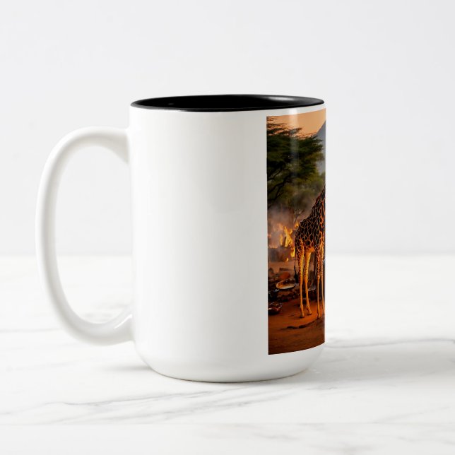 Elegance in the Wild: Majestic Giraffe Silhouette. Two-Tone Coffee Mug (Left)