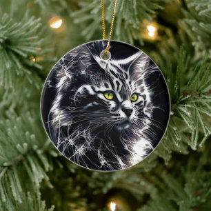 Elegance in Whiskers: Silver & Black Abstract Cat Ceramic Tree Decoration