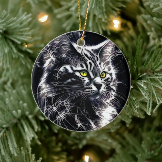 Elegance in Whiskers: Silver & Black Abstract Cat Ceramic Tree Decoration (Tree)