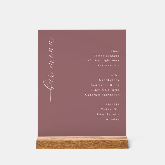 Elegance Maroon Calligraphy Bar Menu Acrylic Sign (Front)