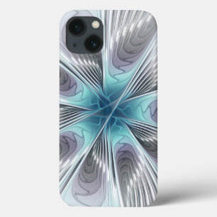 Elegance Modern Blue Grey White Fractal Art Flower iPhone 13 Case