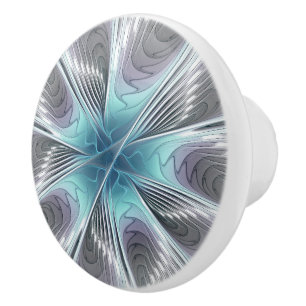 Elegance Modern Blue Grey White Fractal Art Flower Ceramic Knob