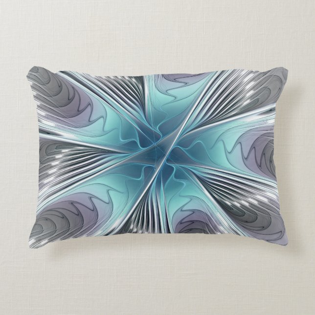 Elegance Modern Blue Grey White Fractal Art Flower Decorative Cushion (Front)