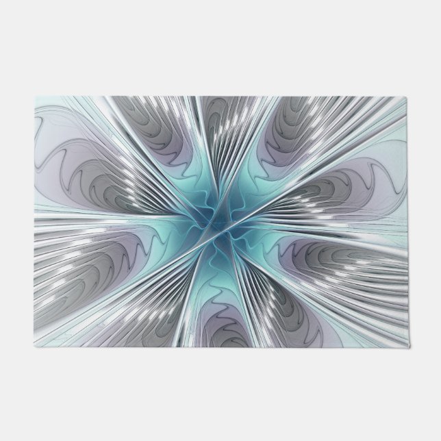 Elegance Modern Blue Grey White Fractal Art Flower Doormat (Front)