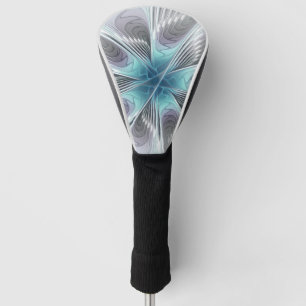 Elegance Modern Blue Grey White Fractal Art Flower Golf Head Cover