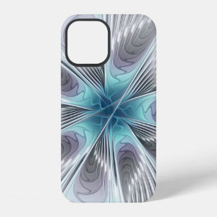 Elegance Modern Blue Grey White Fractal Art Flower iPhone 12 Case