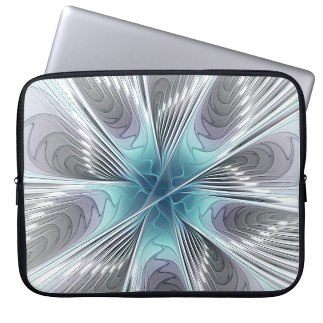 Elegance Modern Blue Grey White Fractal Art Flower Laptop Sleeve (Front)