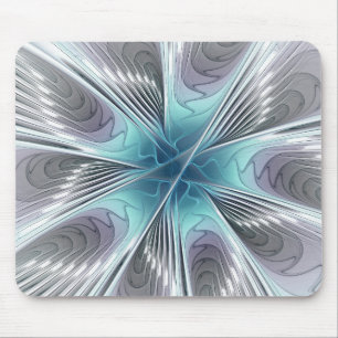 Elegance Modern Blue Grey White Fractal Art Flower Mouse Pad