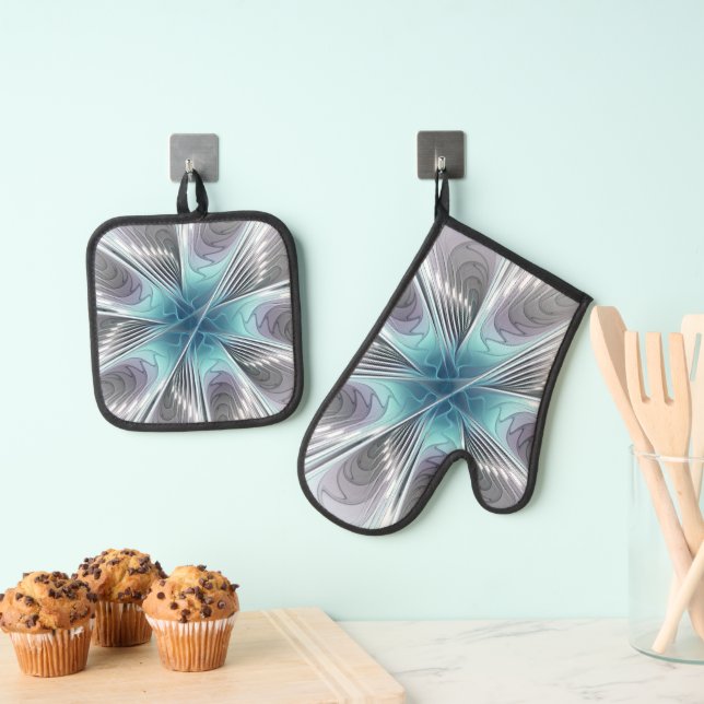 Elegance Modern Blue Grey White Fractal Art Flower Oven Mitt & Pot Holder Set (Insitu(Hanging))