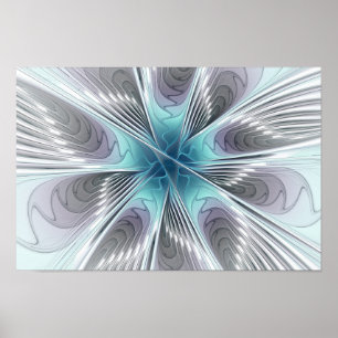 Elegance Modern Blue Grey White Fractal Art Flower Poster