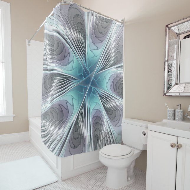 Elegance Modern Blue Grey White Fractal Art Flower Shower Curtain (In Situ)