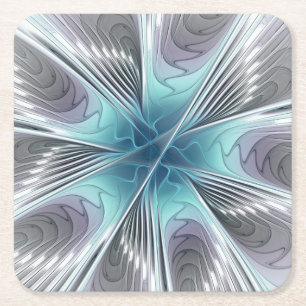 Elegance Modern Blue Grey White Fractal Art Flower Square Paper Coaster
