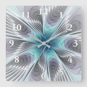 Elegance Modern Blue Grey White Fractal Art Flower Square Wall Clock