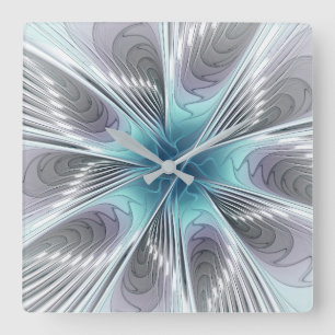 Elegance Modern Blue Grey White Fractal Art Flower Square Wall Clock