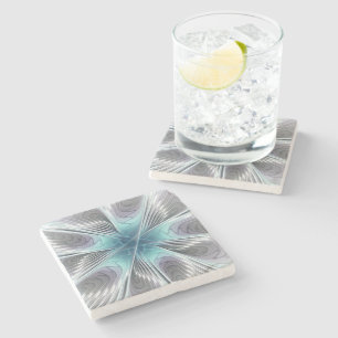 Elegance Modern Blue Grey White Fractal Art Flower Stone Coaster