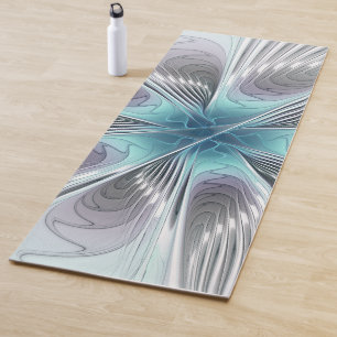 Elegance Modern Blue Grey White Fractal Art Flower Yoga Mat