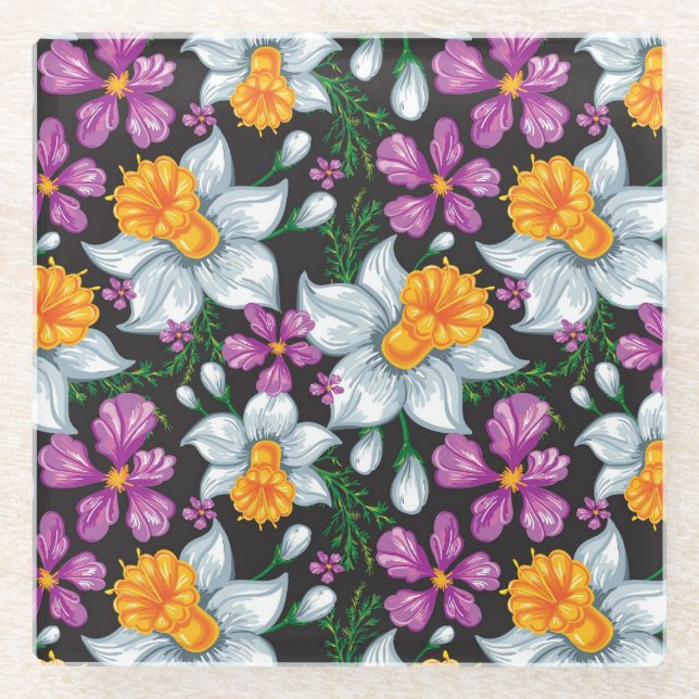 Elegance pattern with narcissus flowers 2 glass coaster (Front)