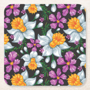 Elegance pattern with narcissus flowers 2 square paper coaster