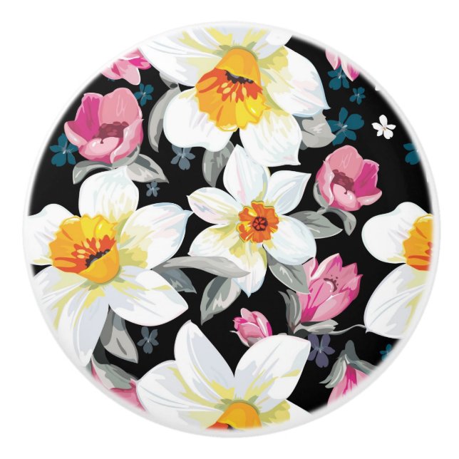 Elegance pattern with narcissus flowers ceramic knob (Front)