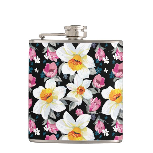 Elegance pattern with narcissus flowers hip flask (Front)