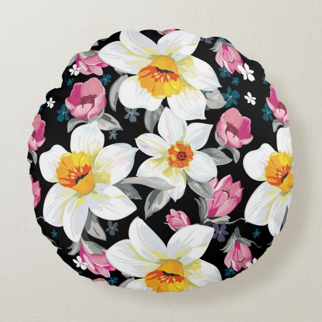 Elegance pattern with narcissus flowers round cushion (Front)