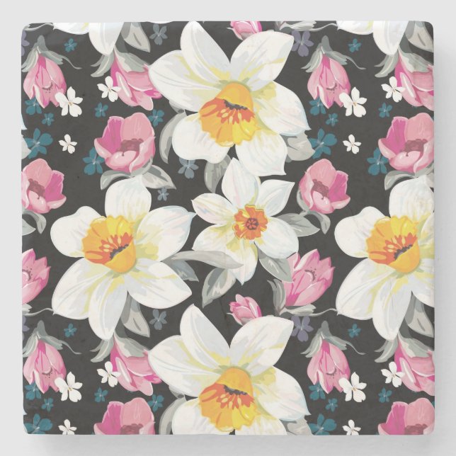 Elegance pattern with narcissus flowers stone coaster (Front)