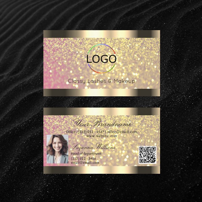 Elegance Pink Gold Glitter Logo Photo and QR Code Business Card (Creator Uploaded)