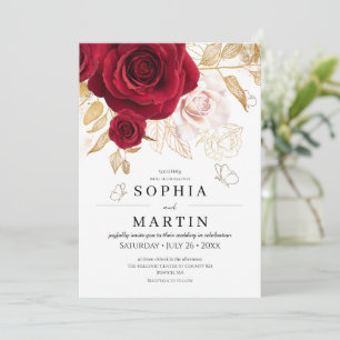 Elegance Red Roses Gold Elegant Flower Wedding  Invitation