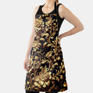 Elegance Redefined: Black and Gold Flowers Apron