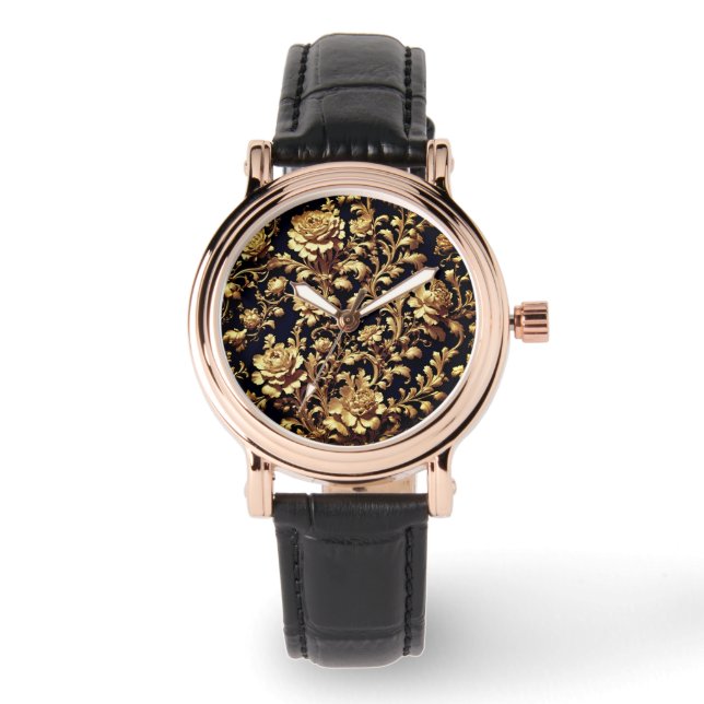 Elegance Redefined: Flemish Baroque Black and Gold Watch (Front)