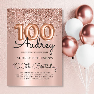 Elegance Rose Gold Glitter Balloon 100th Birthday Invitation