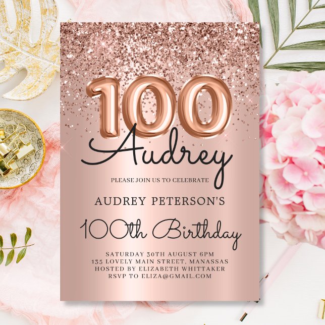 Elegance Rose Gold Glitter Balloon 100th Birthday  Invitation (Creator Uploaded)