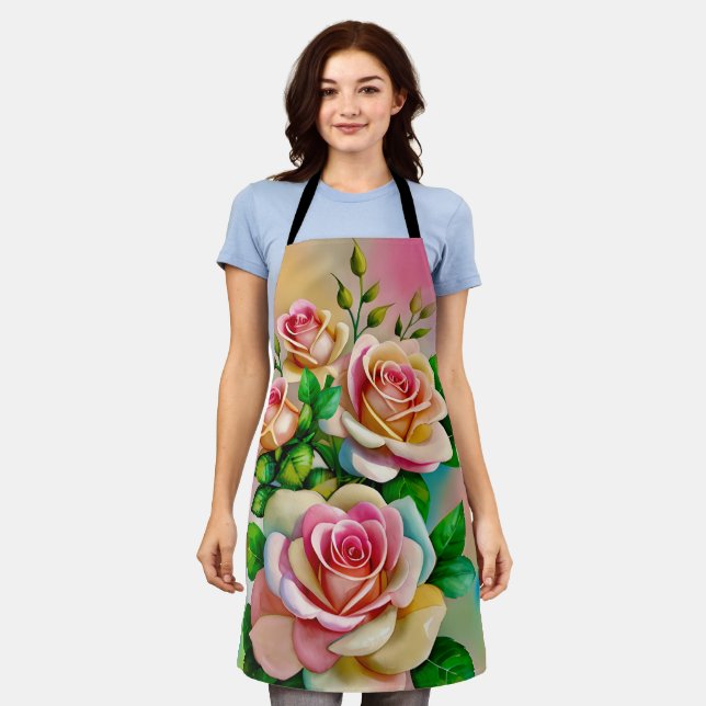 Elegance Roses Pink and Yellow Watercolor Pastel Apron (Worn)
