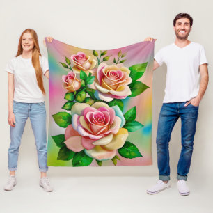 Elegance Roses Pink and Yellow Watercolor Pastel Fleece Blanket