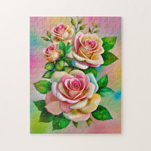 Elegance Roses Pink and Yellow Watercolor Pastel Jigsaw Puzzle