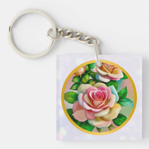 Elegance Roses Pink and Yellow Watercolor Pastel Key Ring