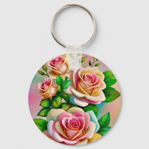 Elegance Roses Pink and Yellow Watercolor Pastel Key Ring