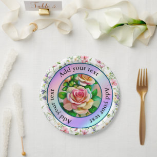 Elegance Roses Pink and Yellow Watercolor Pastel Paper Plate