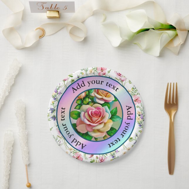 Elegance Roses Pink and Yellow Watercolor Pastel Paper Plate (Wedding)