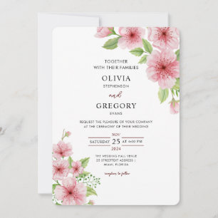 Elegance Spring Watercolor Cherry Blossoms Wedding Invitation