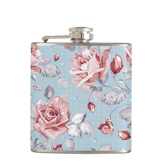 Elegance wallpaper pattern of pink roses 2 hip flask (Front)
