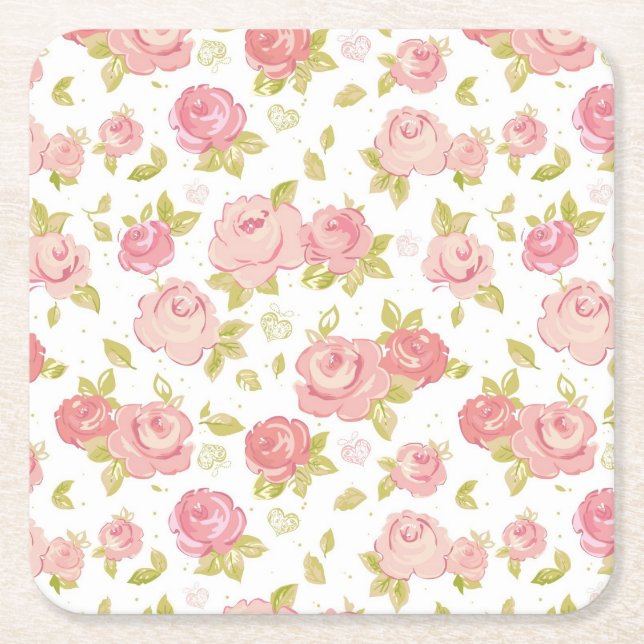 Elegance wallpaper pattern of pink roses 3 square paper coaster (Front)