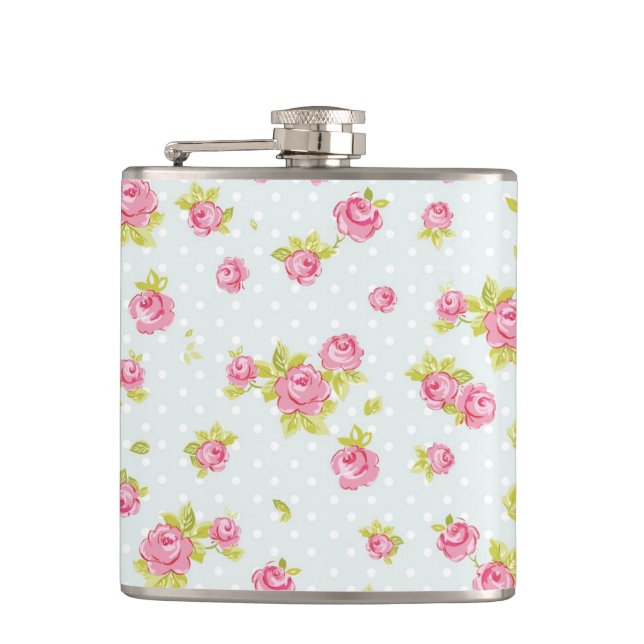 Elegance wallpaper pattern of pink roses 4 hip flask (Front)